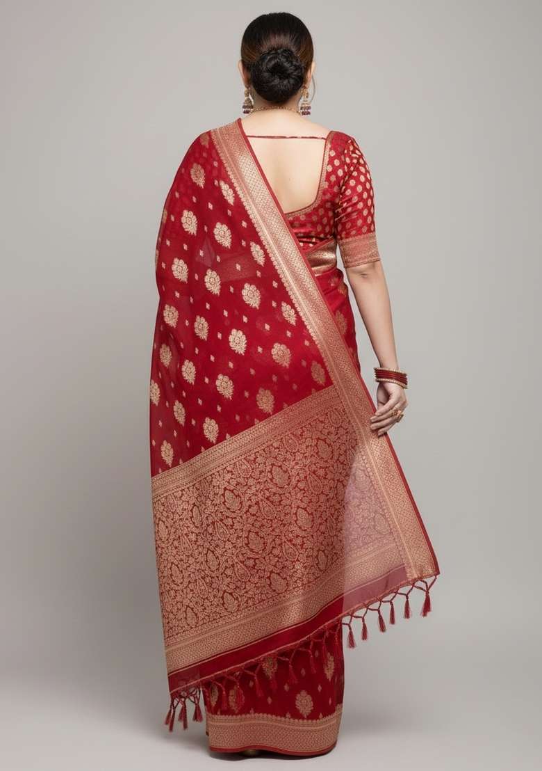 Red Motif Silk Blend Saree Set - Indya