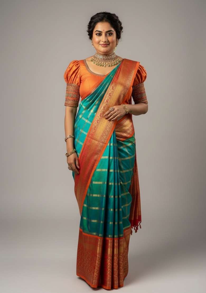 Teal Blue Motif Silk Blend Saree Set - Indya