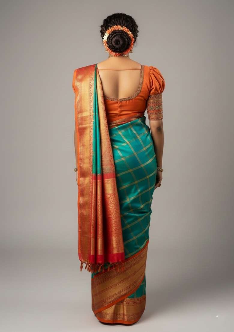 Teal Blue Motif Silk Blend Saree Set - Indya