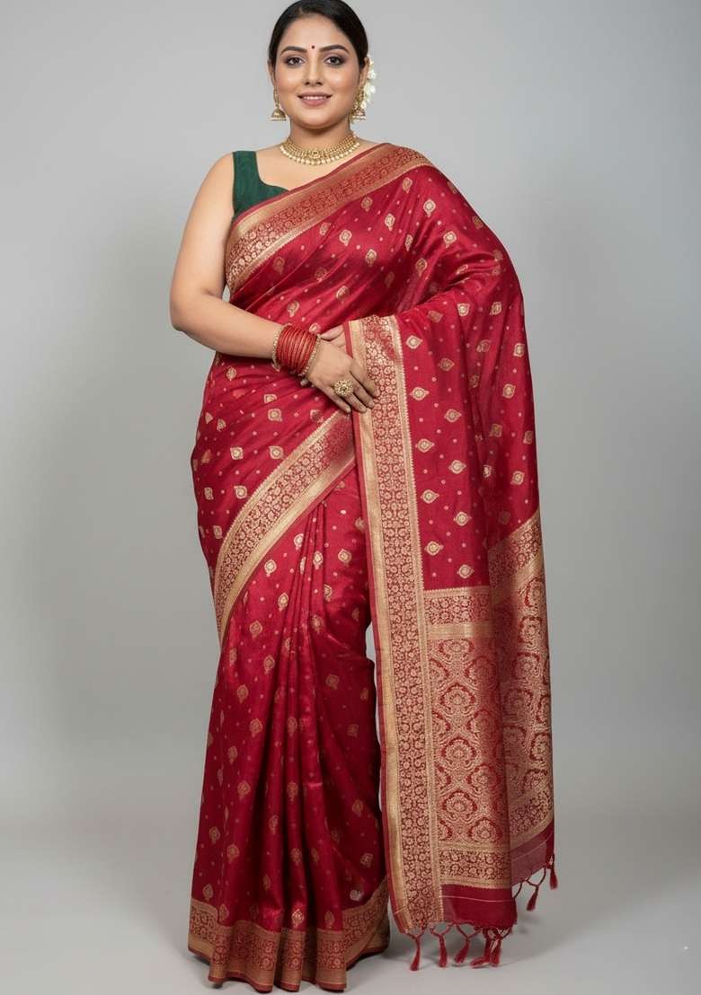 Red Motif Silk Blend Saree Set - Indya