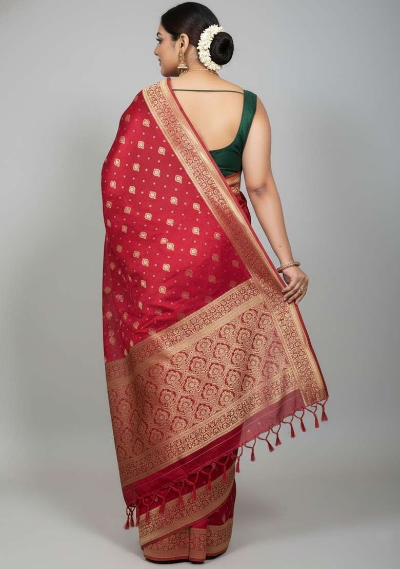 Red Motif Silk Blend Saree Set - Indya