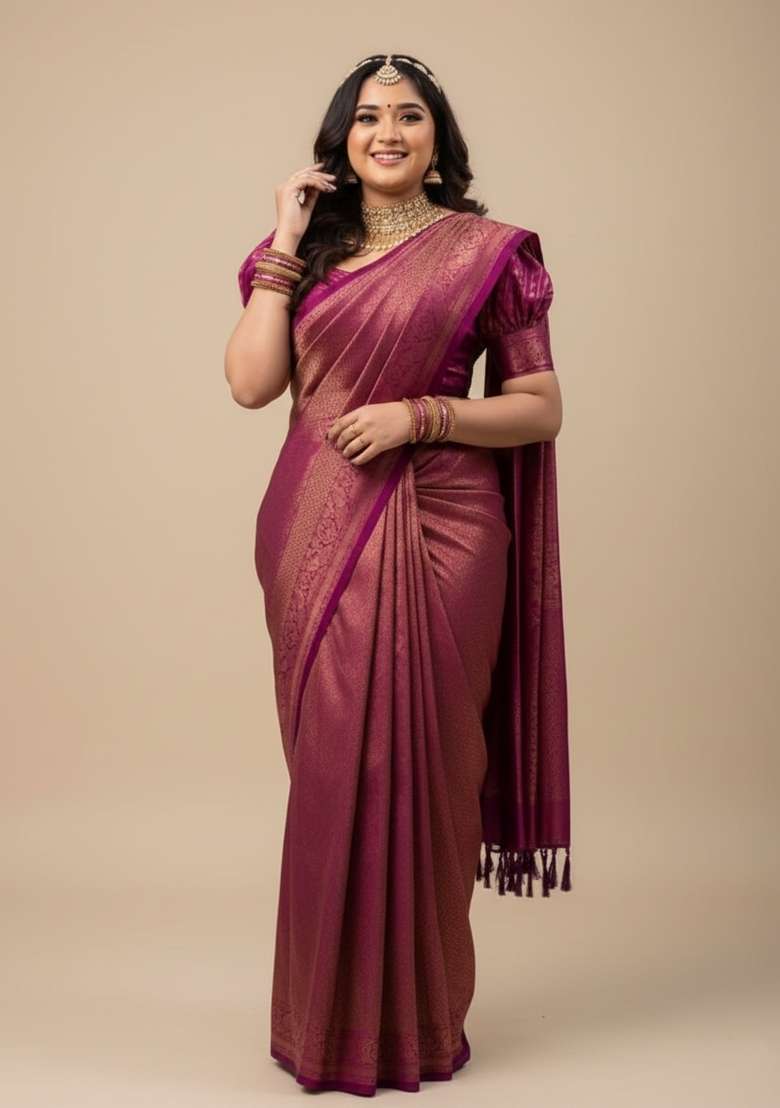 Wine Motif Silk Blend Saree Set - Indya