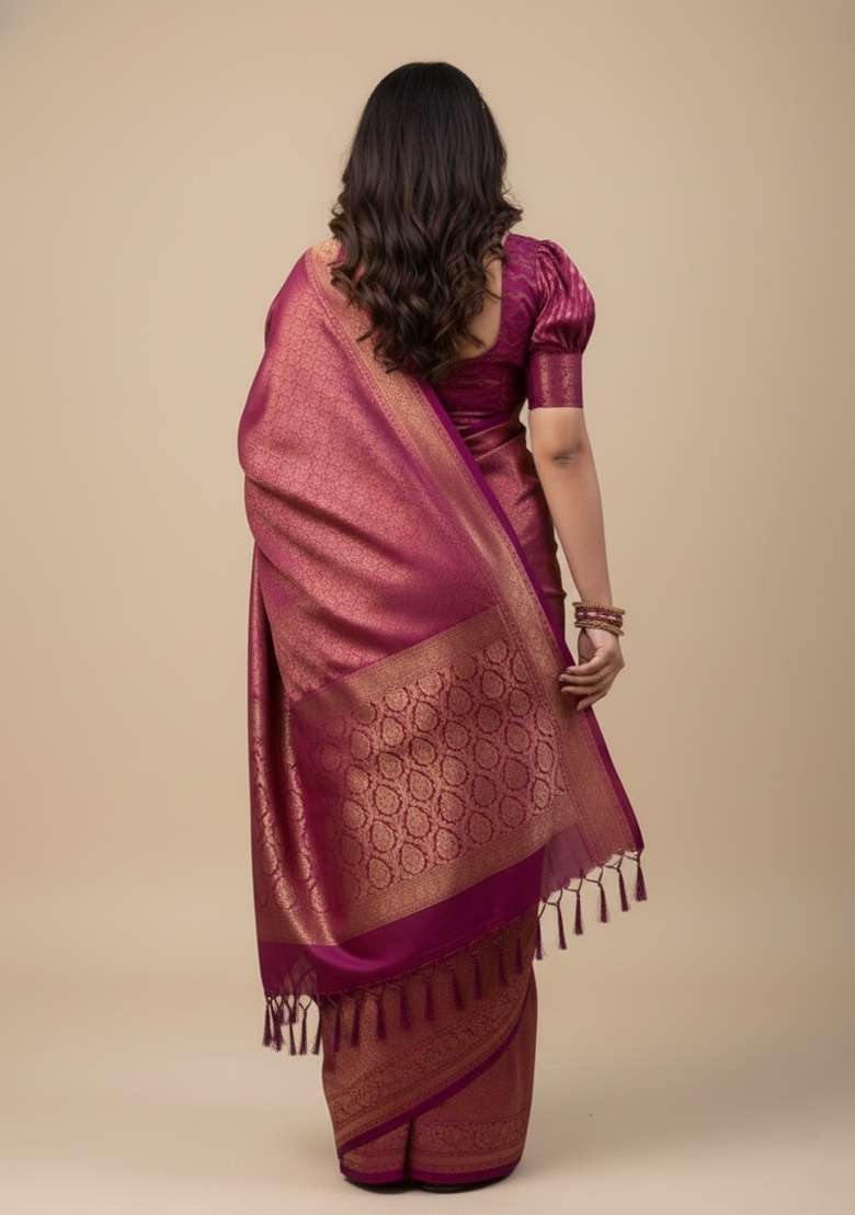 Wine Motif Silk Blend Saree Set - Indya