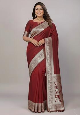 Maroon Motif Silk Saree Set