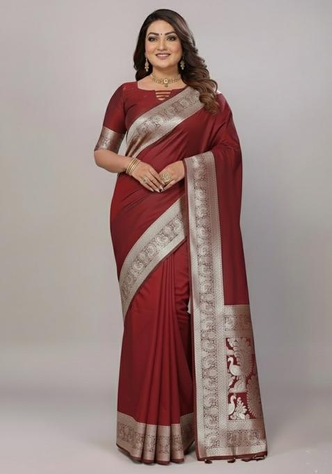 Maroon Motif Silk Saree Set