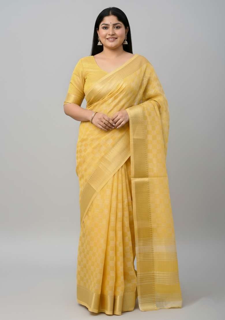 Mustard Zari Work Silk Saree Set - Indya