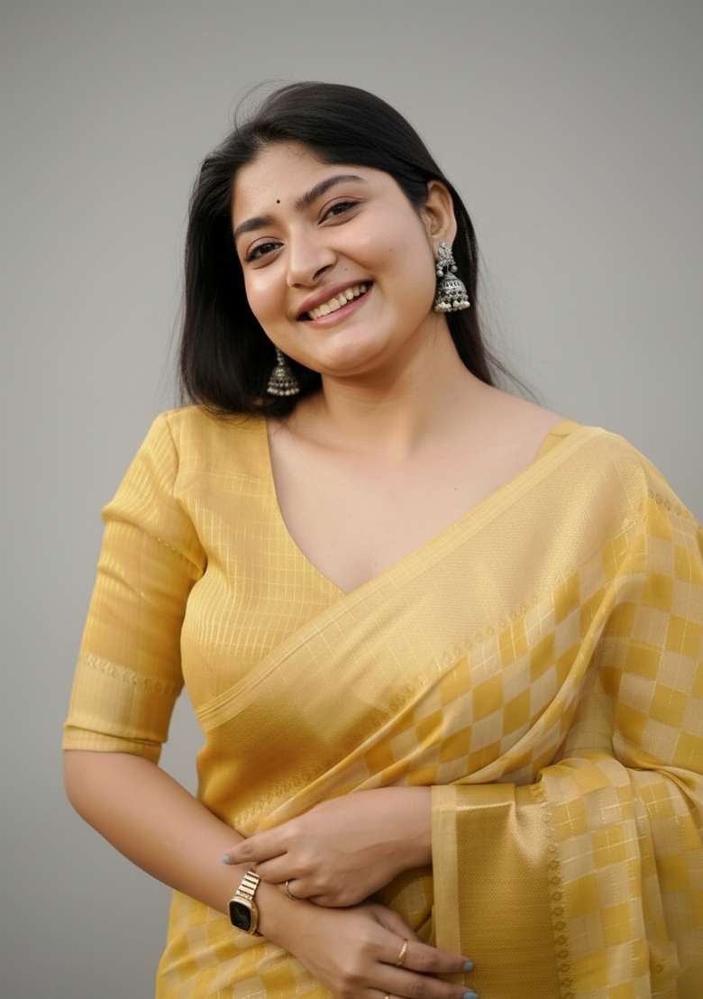 Mustard Zari Work Silk Saree Set - Indya