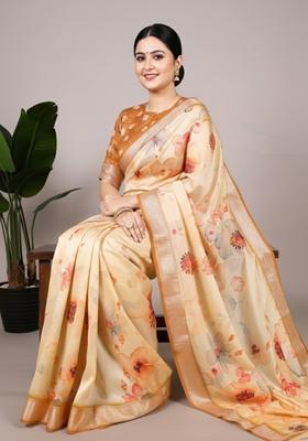 Cream Printed Silk Saree Set