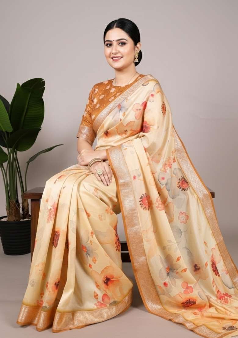Cream Printed Silk Saree Set - Indya