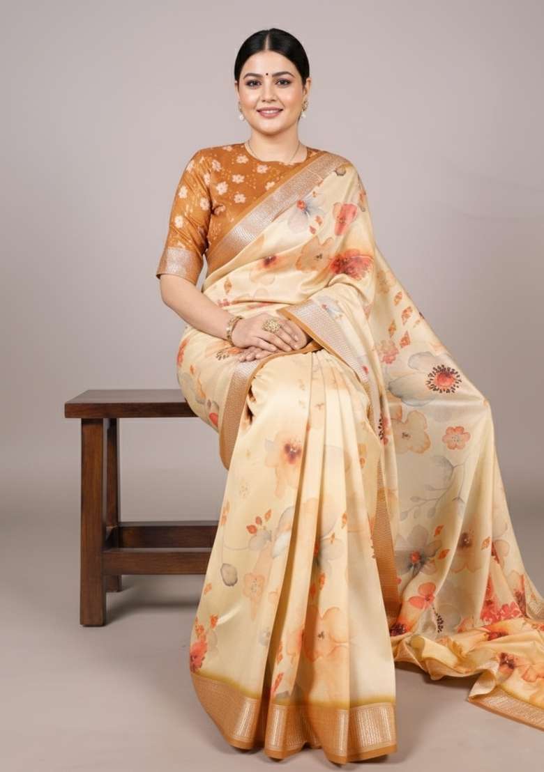 Cream Printed Silk Saree Set - Indya