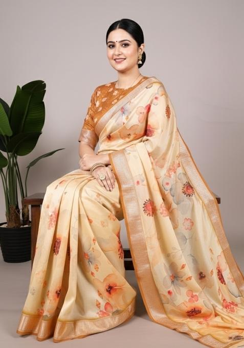 Cream Printed Silk Saree Set