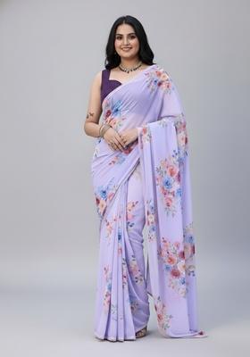Lavender Printed Cottan Blended Saree Set