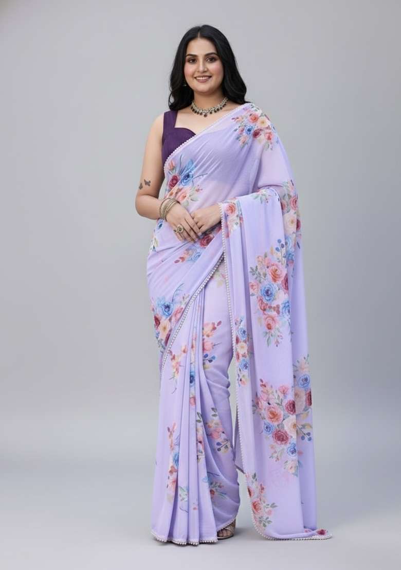 Lavender Printed Cottan Blended Saree Set - Indya