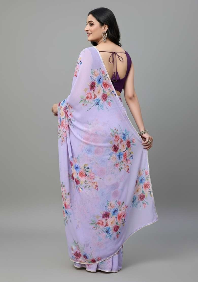 Lavender Printed Cottan Blended Saree Set - Indya