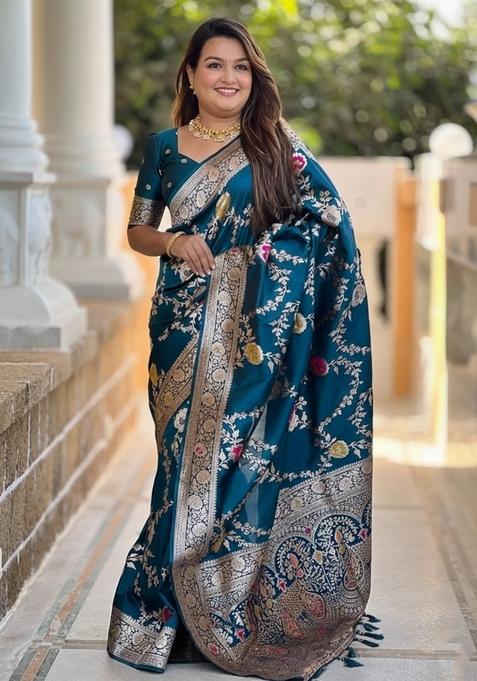 Teal Blue Meenakari Designer Silk Saree Set