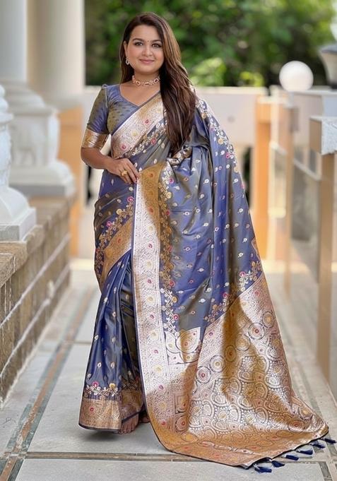 Grey Meenakari Designer Silk Saree Set