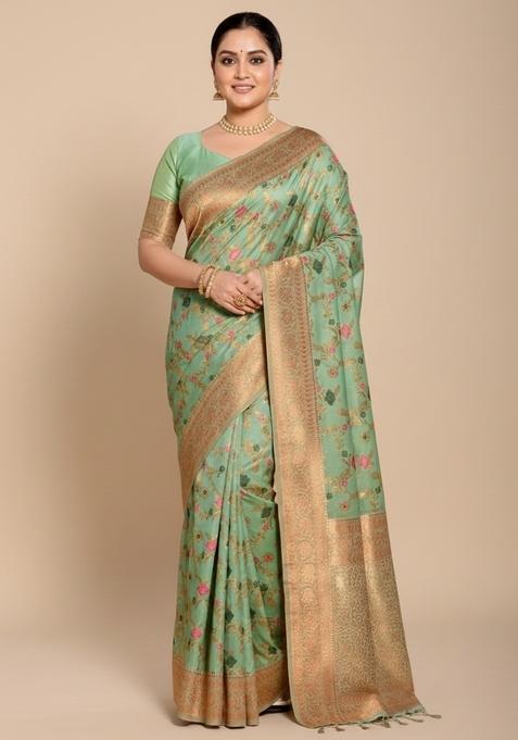 Sea Green Motif Silk Saree Set