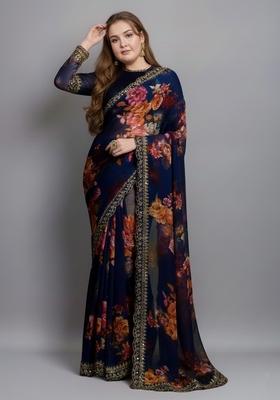 Blue Embroidered Georgette Saree Set