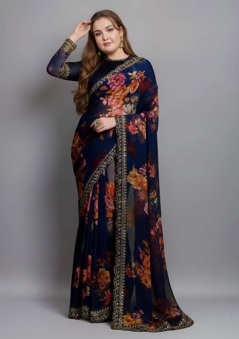 Blue Embroidered Georgette Saree Set - Indya