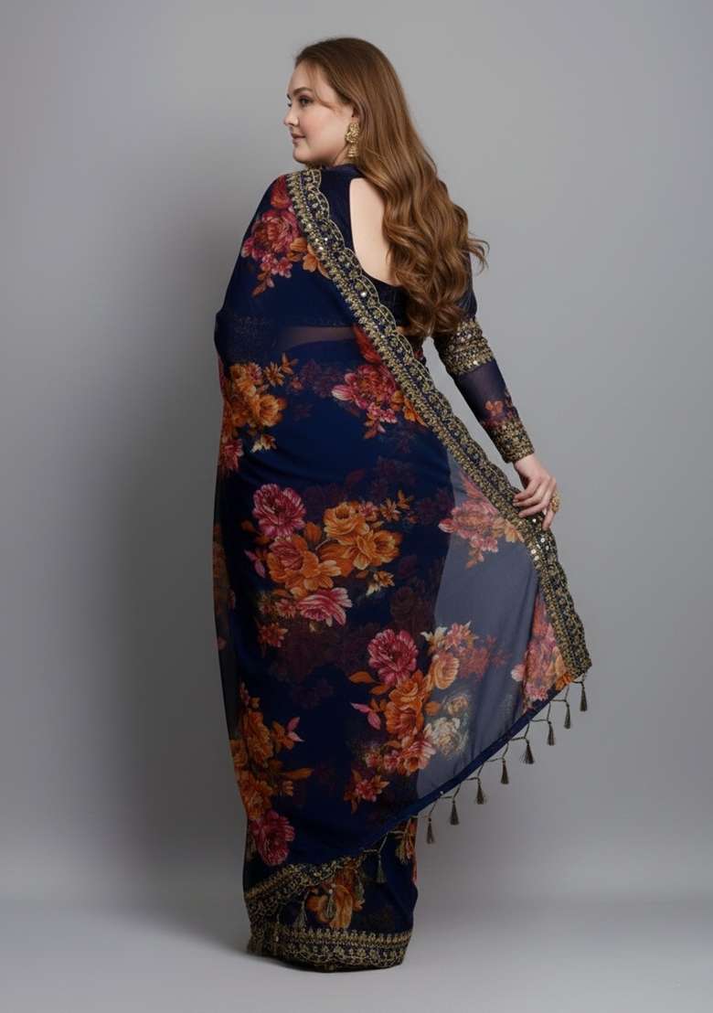 Blue Embroidered Georgette Saree Set - Indya