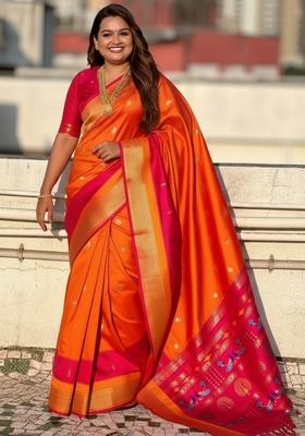 Orange Motif Silk Saree Set