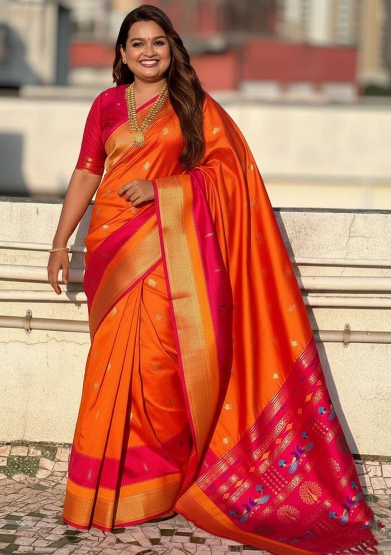 Orange Motif Silk Saree Set - Indya