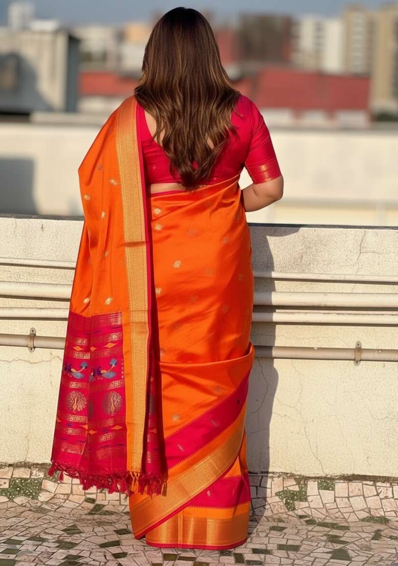 Orange Motif Silk Saree Set - Indya