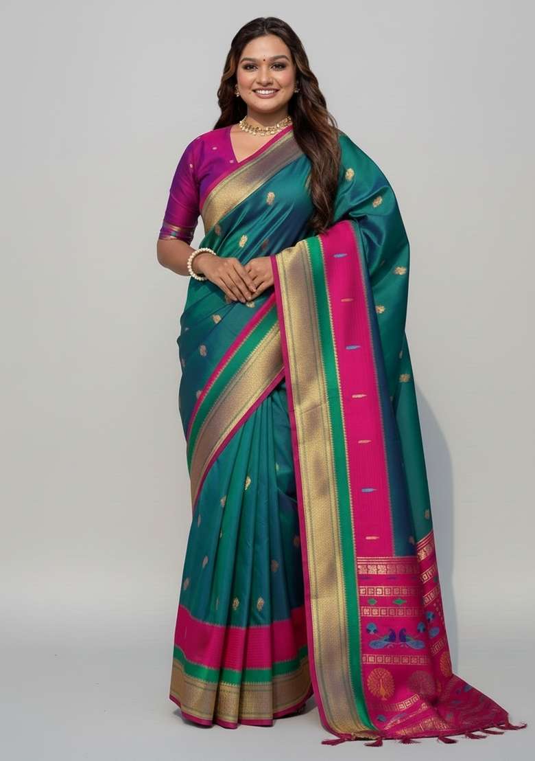 Sea Green Motif Silk Saree Set - Indya