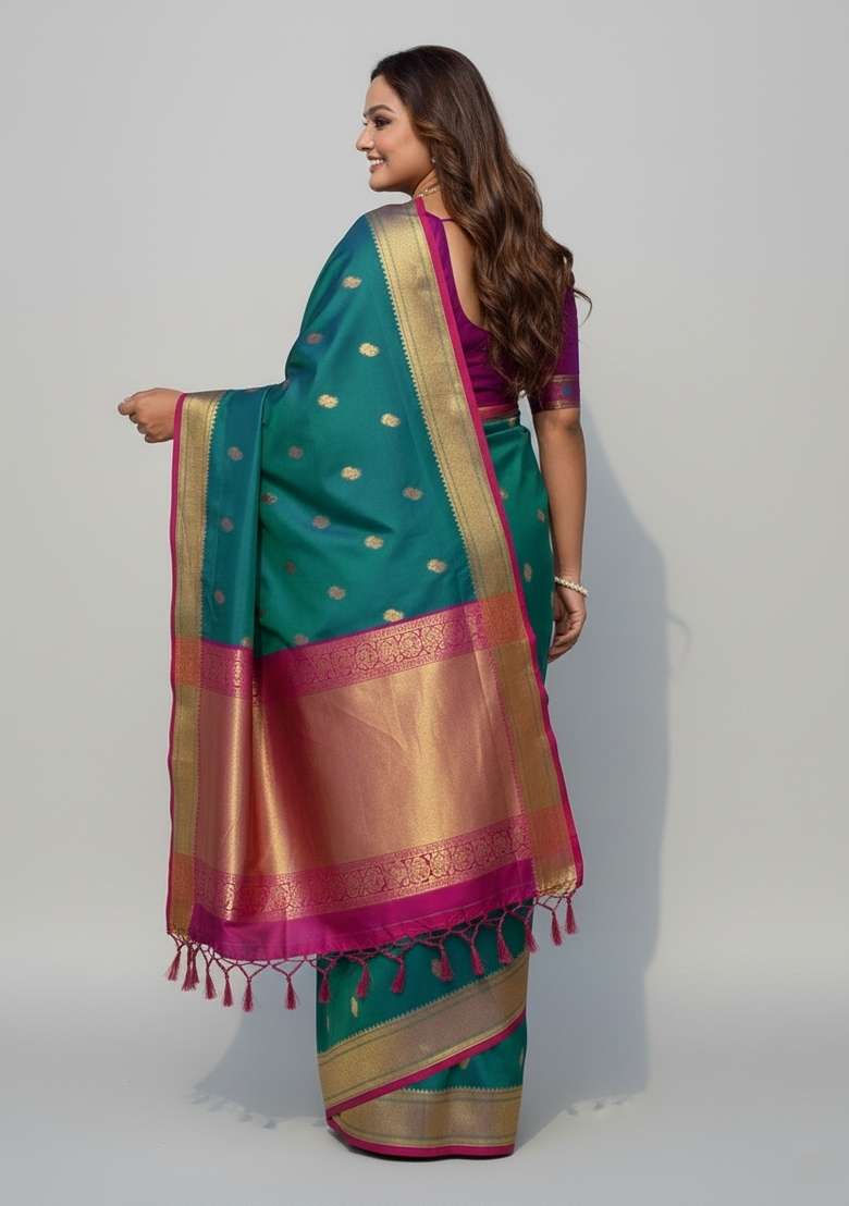 Sea Green Motif Silk Saree Set - Indya