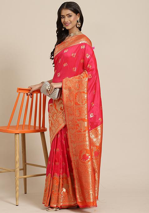 Pink Zari Work Banarasi Silk Saree With Blouse