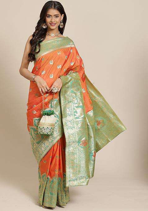 Orange Zari Embroidered Banarasi Silk Saree With Blouse