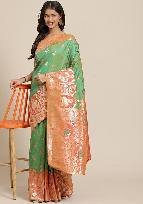 Green Zari Work Banarasi Silk Saree With Blouse