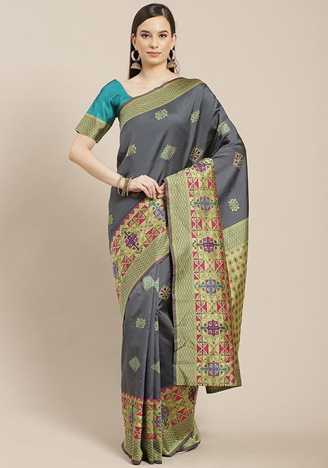 Grey Zari Embroidered Banarasi Silk Saree With Blouse