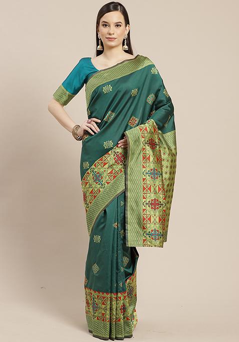 Green Embroidered Banarasi Silk Saree With Blouse