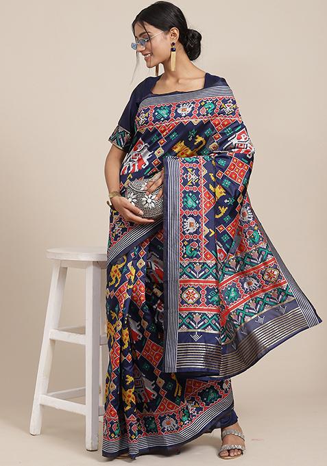 Navy Blue Embroidered Patola Weave Silk Saree With Blouse