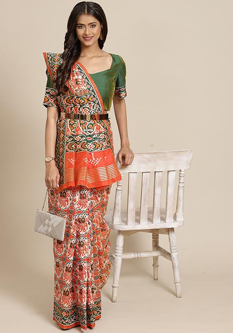 Orange Zari Embroidered Patola Silk Saree With Blouse