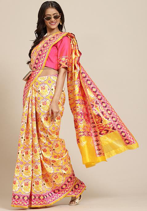 Yellow Zari Embroidered Patola Silk Saree With Blouse