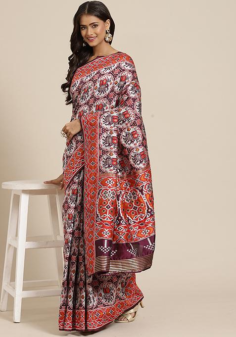 Purple Zari Embroidered Patola Silk Saree With Blouse