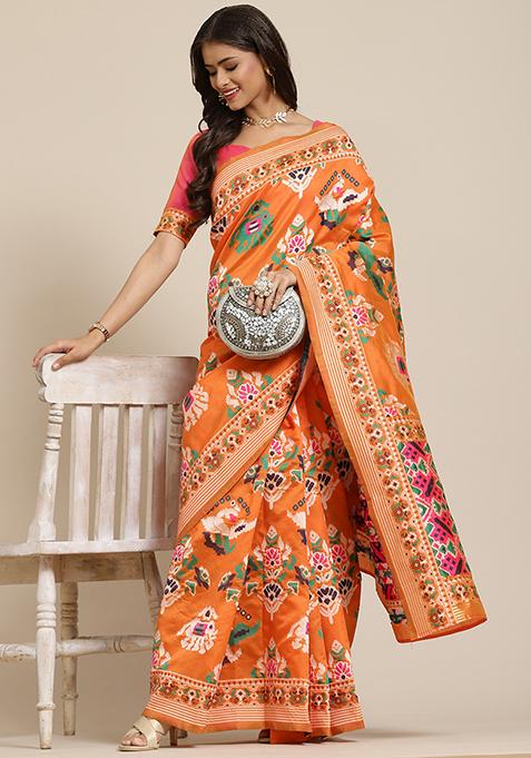 Orange Embroidered Patola Silk Saree With Blouse