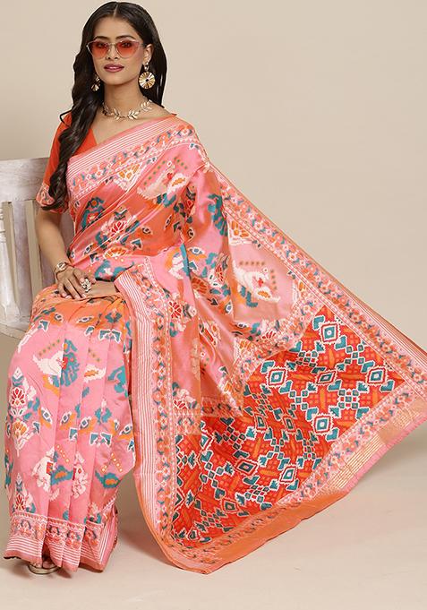 Pink Embroidered Patola Silk Saree With Blouse