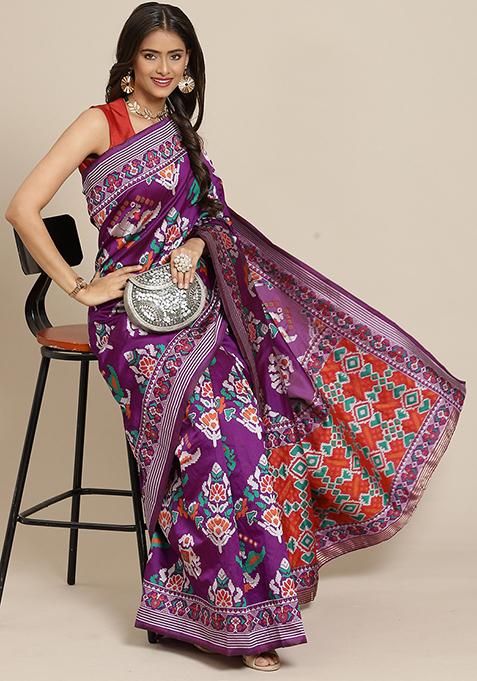 Wine Embroidered Patola Silk Saree With Blouse