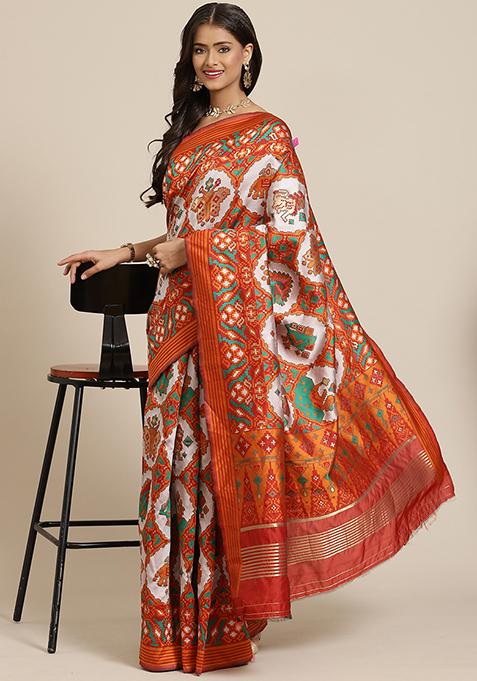 White Zari Embroidered Patola Silk Saree With Blouse
