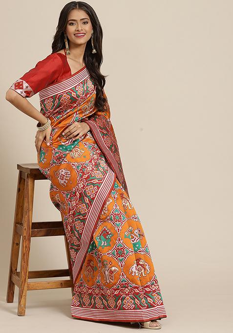 Orange Zari Embroidered Patola Weave Silk Saree With Blouse