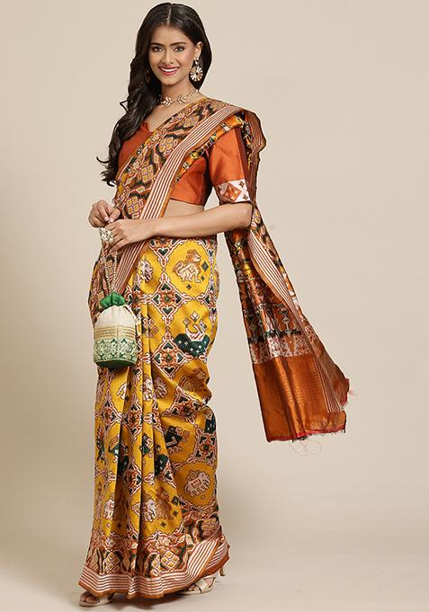 Mustard Zari Embroidered Patola Silk Saree With Blouse