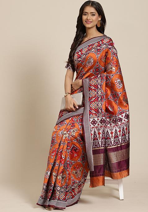 Purple Zari Embroidered Patola Weave Silk Saree With Blouse