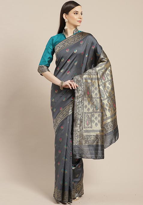 Grey Banarasi Silk Saree With Blouse