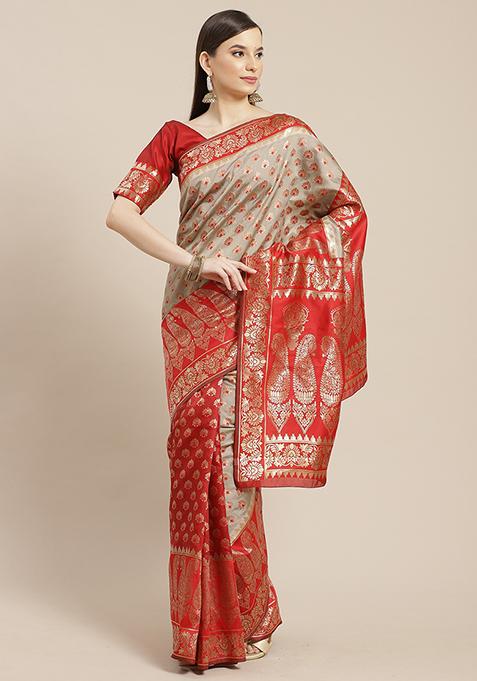 Red Banarasi Silk Saree With Blouse