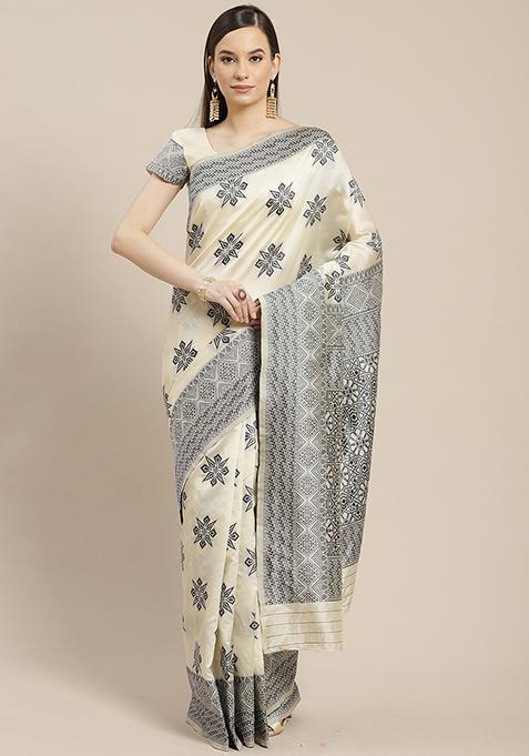 Off White Banarasi Weave Silk Saree With Blouse