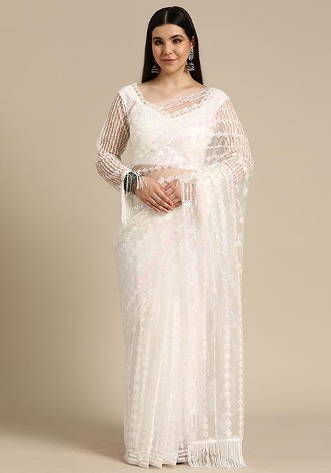 White Sequin Embroidered Net Saree With Blouse