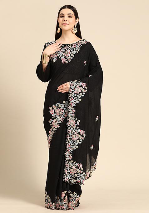 Black Vichitra Silk Saree With Blouse